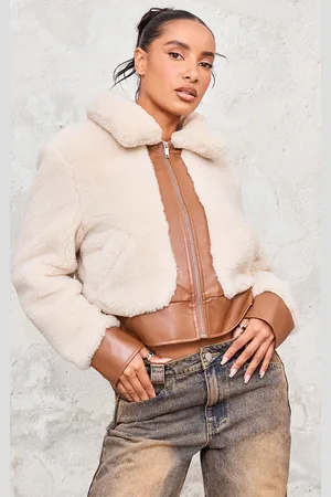 PRETTYLITTLETHING Cream Plush Faux Fur Contrast Faux Leather Zip Up Jacket