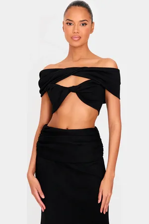 PRETTYLITTLETHING Faux Suede Ruched Twist Off The Shoulder Crop Top