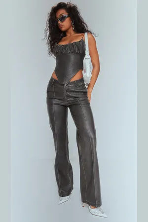 PRETTYLITTLETHING Premium Washed Faux Leather Dip Waist Flared Trousers