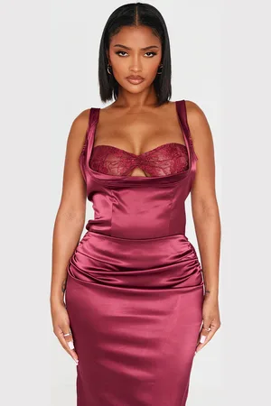 PRETTYLITTLETHING Shape Burgundy Lace Insert Cowl Neck Satin Corset Top