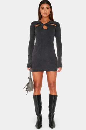 PRETTYLITTLETHING Dark Acid Wash Cut Out Long Sleeve Bodycon Dress