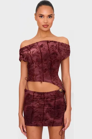 PRETTYLITTLETHING Burgundy Devore Tie Detail Off The Shoulder Top