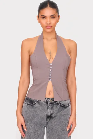 PRETTYLITTLETHING Mocha Bengaline Button Up Halterneck Long Top