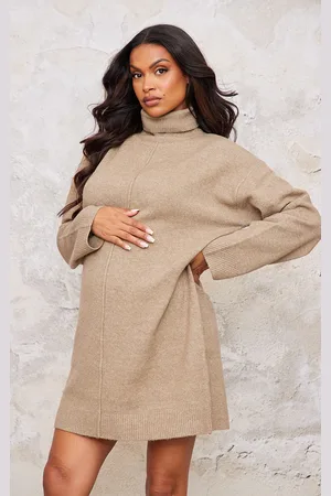 PRETTYLITTLETHING Maternity Mocha Soft Knit Roll Neck Oversized Seam Detail Jumper Dress
