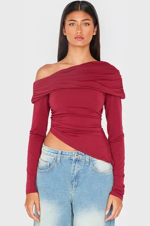 PRETTYLITTLETHING Burgundy Contour Jersey Fold Over Detail Bardot Long Sleeve Top