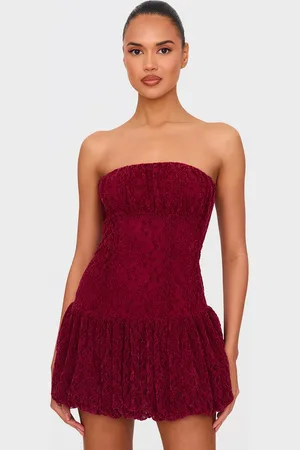 PRETTYLITTLETHING Lace Bandeau Ruched Mini Dress