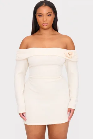 PRETTYLITTLETHING Plus Cream Brushed Rib Fold Over Bardot Corsage Detail Bodycon Dress