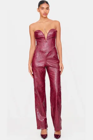 PRETTYLITTLETHING Burgundy Croc Faux Leather Bandeau Plunge Straight Leg Jumpsuit