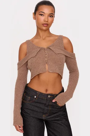 PRETTYLITTLETHING Taupe Boucle Knit Cold Shoulder Button Up Top