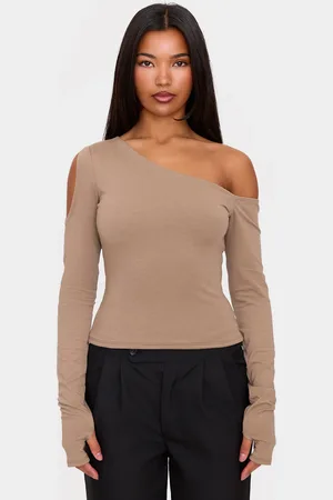PRETTYLITTLETHING Taupe Contour Jersey Bardot Long Sleeve Top