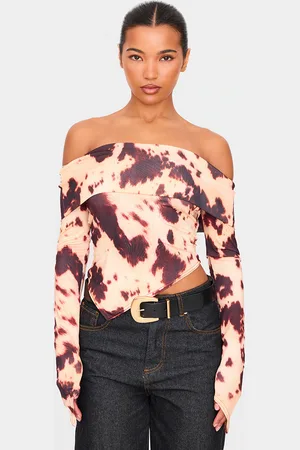 PRETTYLITTLETHING Cow Print Slinky Bardot Asymmetric Long Top