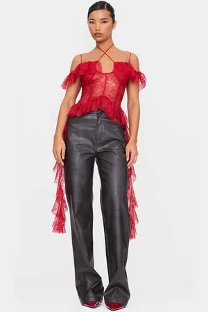PRETTYLITTLETHING Wine Lace Ruffle Halterneck Long Top