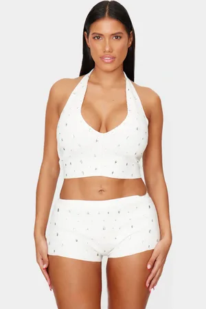 PRETTYLITTLETHING Shape Cream Knitted Diamante Halter Neck Top