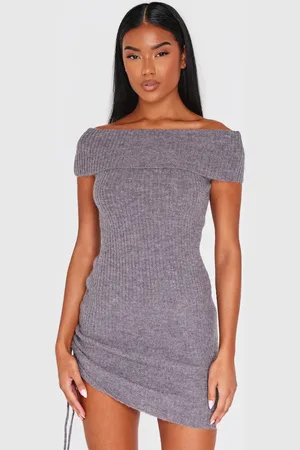 PRETTYLITTLETHING Charcoal Rib Knit Bardot Fold Over Tie Side Mini Dress