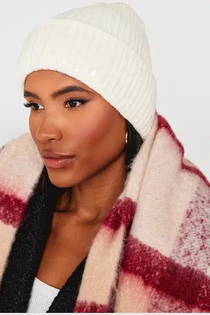 PRETTYLITTLETHING Cream Sequin Rib Beanie
