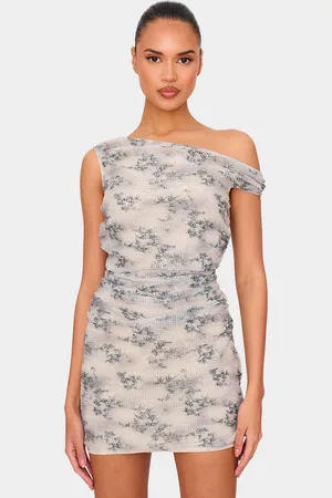 PRETTYLITTLETHING Beige Printed Textured Sequin Off Shoulder Bodycon Dress
