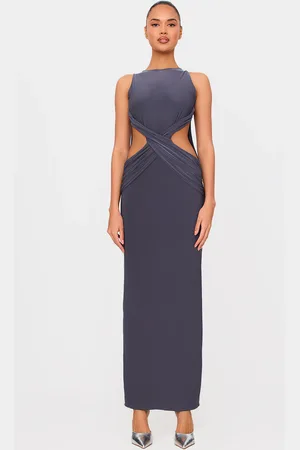 PRETTYLITTLETHING Charcoal Double Layer Slinky Twist Front Maxi Dress