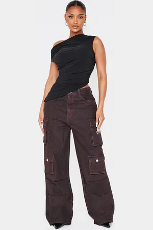 PRETTYLITTLETHING Shape Burgundy Wash Denim Pocket Detail Cargo Jeans