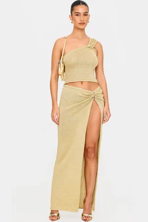 PRETTYLITTLETHING Gold Lurex Knit Gold Trim Side Split Maxi Skirt