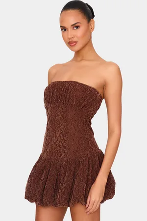 PRETTYLITTLETHING Lace Bandeau Ruched Mini Dress
