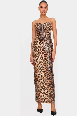 PRETTYLITTLETHING Leopard Sequin Strappy Corset Detail Maxi Dress