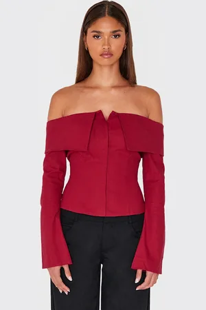 PRETTYLITTLETHING Burgundy Bardot Foldover Long Sleeve Top