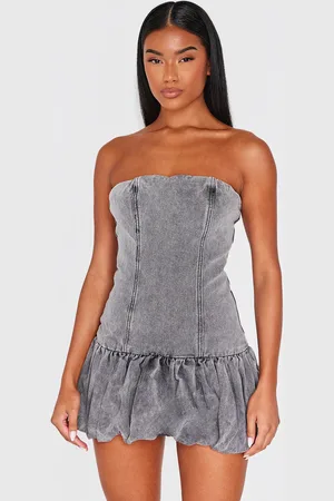 PRETTYLITTLETHING Denim Bandeau Puffball Mini Dress
