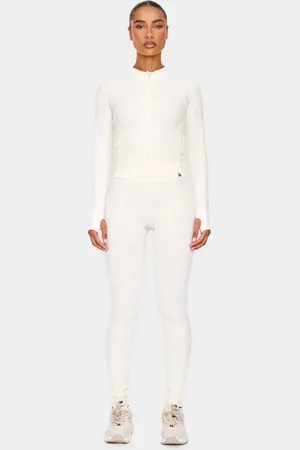 PRETTYLITTLETHING Cream Ribbed Detail Gym Leggings