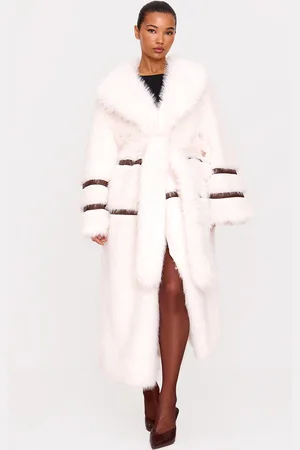 PRETTYLITTLETHING Faux Fur Contrasting Faux Leather Trim Maxi Coat