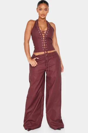 PRETTYLITTLETHING Shape Burgundy Washed Faux Leather Wide Leg Trousers