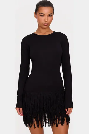 PRETTYLITTLETHING Fine Knit Fringe Hem Long Sleeve Micro Mini Dress