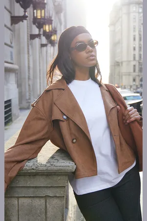 PRETTYLITTLETHING Faux Suede Double Breasted Cropped Trench Coat