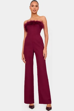 PRETTYLITTLETHING Burgundy Faux Fur Bandeau Straight Leg Jumpsuit