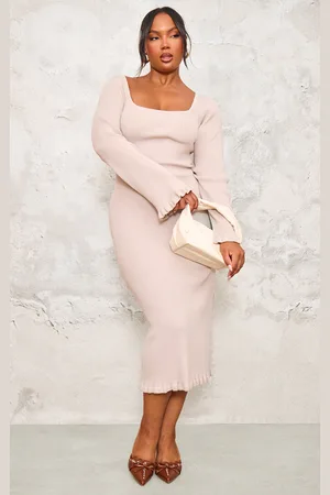 PRETTYLITTLETHING Plus Beige Rib Knit Piquet Hem Midi Dress