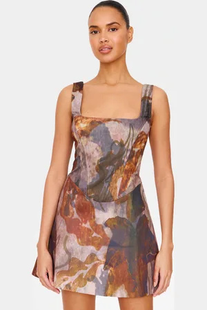 PRETTYLITTLETHING Olive Floral Corset A Line Shift Dress