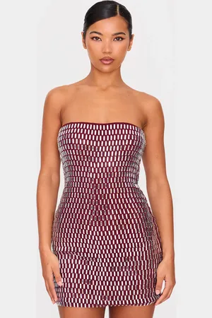 PRETTYLITTLETHING Burgundy Hot Fix Bandeau Bodycon Dress