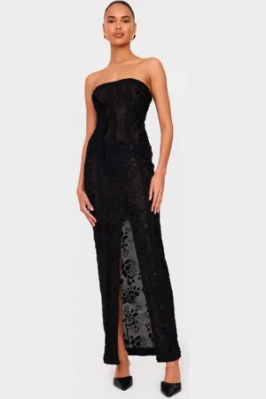 PRETTYLITTLETHING Mesh Floral Detail Bandeau Maxi Dress