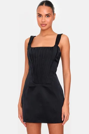 PRETTYLITTLETHING Premium Woven Square Neck Lace Back Corset Bodycon Dress