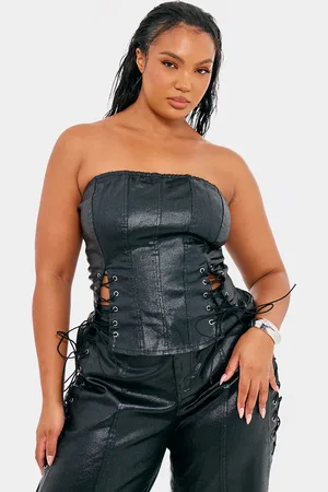 PRETTYLITTLETHING Plus Coated Denim Lace Up Front Bandeau Corset