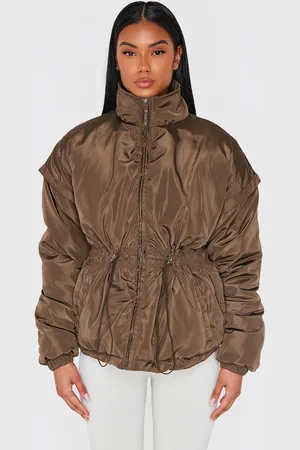 PRETTYLITTLETHING Olive Cinched Waist Padded Jacket