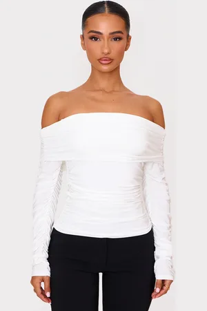 PRETTYLITTLETHING Petite Cream Double Slinky Asymmetric Bardot Long Sleeve Top