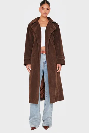 PRETTYLITTLETHING Faux Suede Buckle Belt Trench Coat