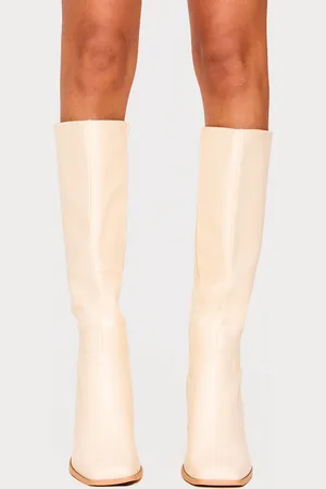 PRETTYLITTLETHING Cream Pu Wide Fit Round Toe Knee High Heeled Boots