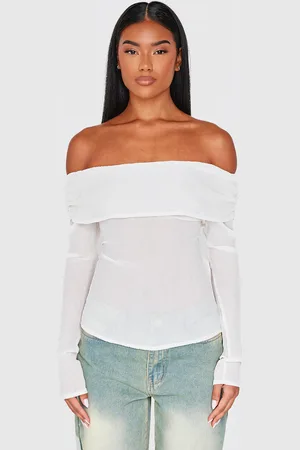 PRETTYLITTLETHING Cream Chiffon Plisse Bardot Long Top
