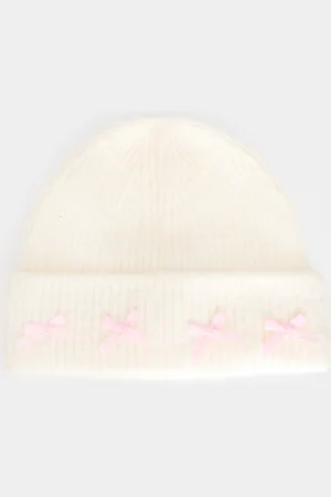 PRETTYLITTLETHING Cream Bow Detail Ribbed Beanie