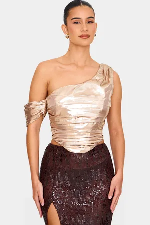 PRETTYLITTLETHING Champagne Satin Drapey Bardot Top