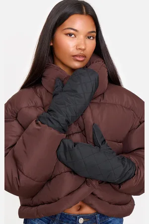 PRETTYLITTLETHING Nylon Chevron Quilt Faux Fur Lined Mittens