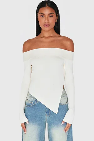 PRETTYLITTLETHING Cream Premium Soft Touch Fold Bardot Asymmetric Top