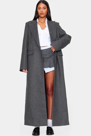 PRETTYLITTLETHING Tall Charcoal Pinstripe Wool Look Maxi Coat