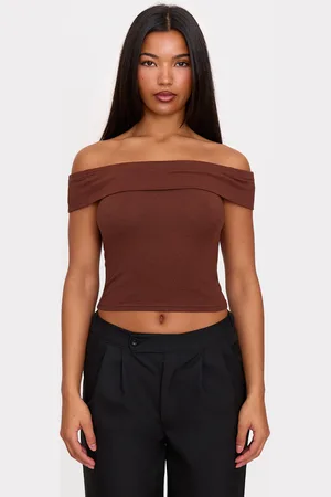 PRETTYLITTLETHING Mocha Modal Cotton Bardot Long Top